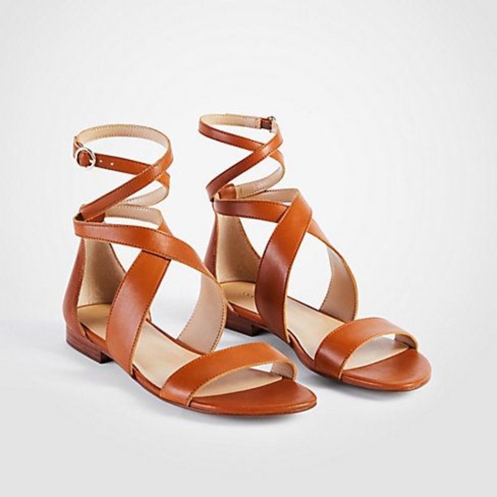 Ann Taylor "Mariel" Leather Wrap Flat Sandals - Tan Brown Cognac 9
